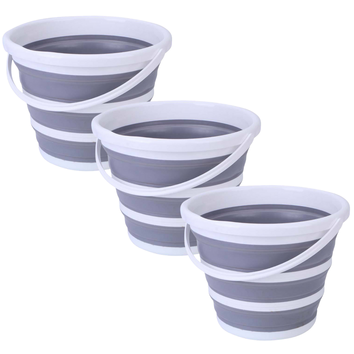 3x 10L Foldable Collapsible Bucket Silicone Hiking/Camping/Fishing - Grey/White-1