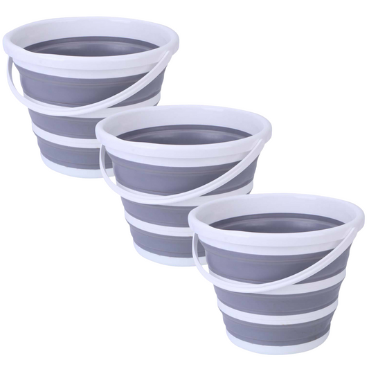 3x 10L Foldable Collapsible Bucket Silicone Hiking/Camping/Fishing - Grey/White-0