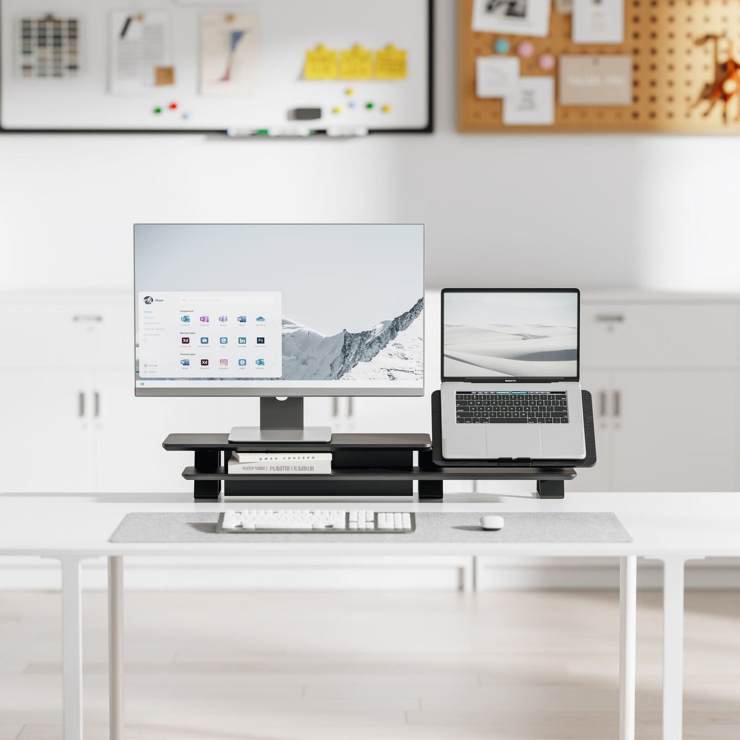 2-Tier Clamp On Monitor Stand Riser Desk Shelf w/ Laptop Height Adjuster in Matte Black