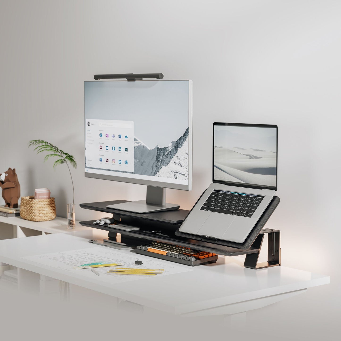 2-Tier Clamp On Monitor Stand Riser Desk Shelf w/ Laptop Height Adjuster in Matte Black