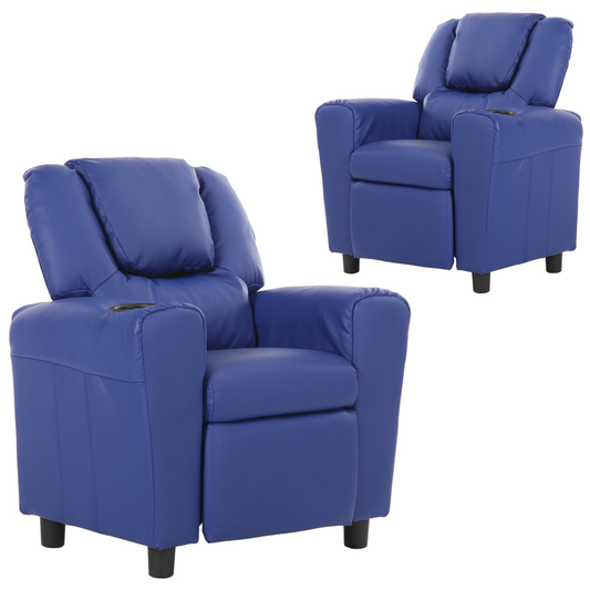 Set of 2 Oliver Kids Recliner Chair Sofa Children Lounge Couch PU Armchair Blue-0