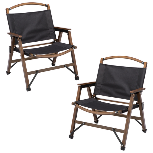 2x Bamboo Canvas Foldable Outdoor Camping Chair Wooden Travel Picnic Park - Black-0