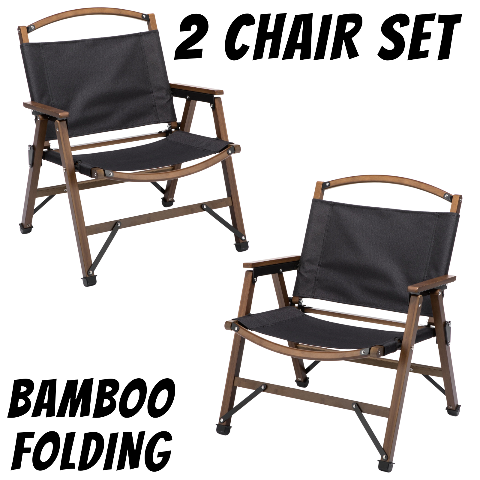 2x Bamboo Canvas Foldable Outdoor Camping Chair Wooden Travel Picnic Park - Black-1