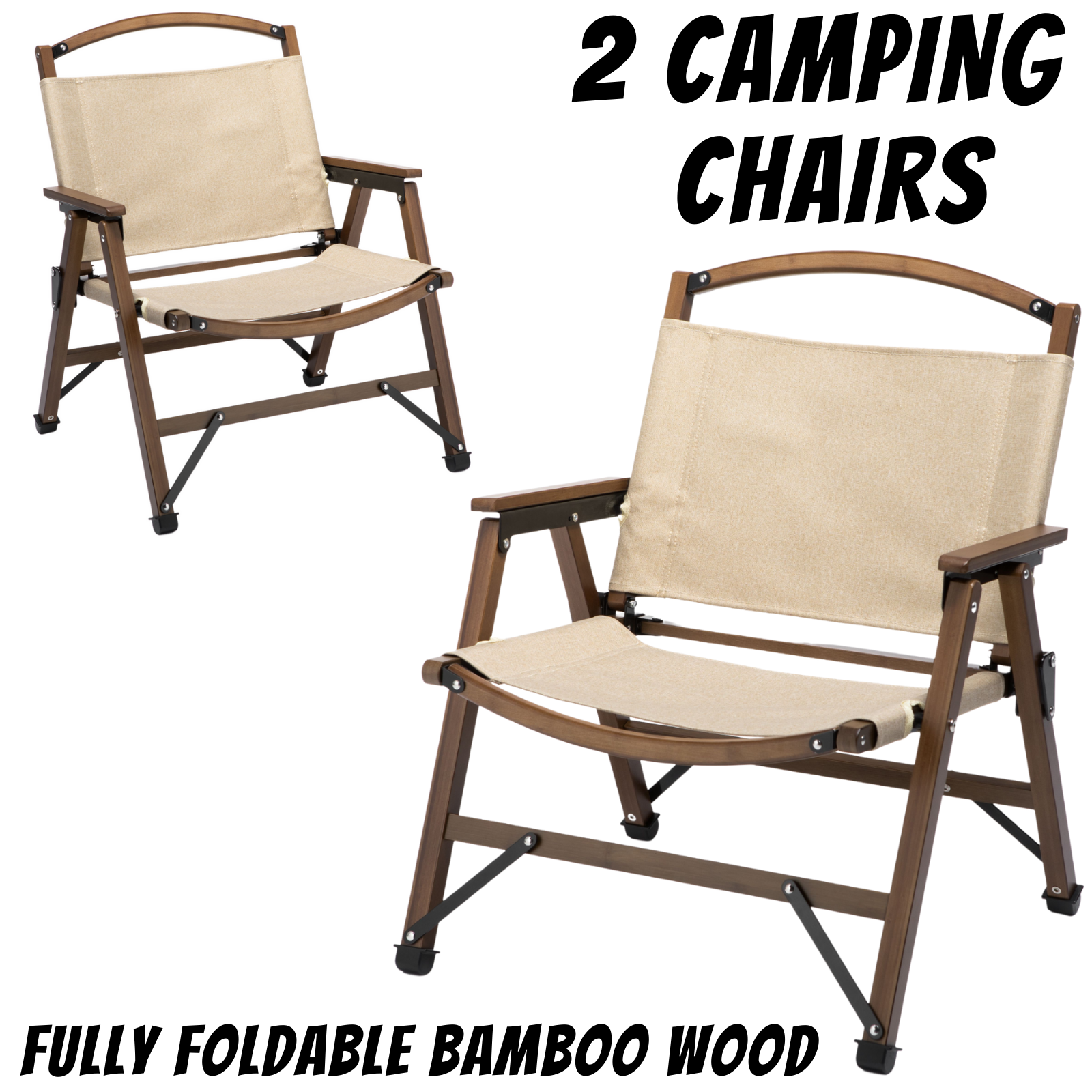 2x Bamboo Foldable Outdoor Camping Chair Wooden Travel Picnic Park Folding - Khaki/Beige-1