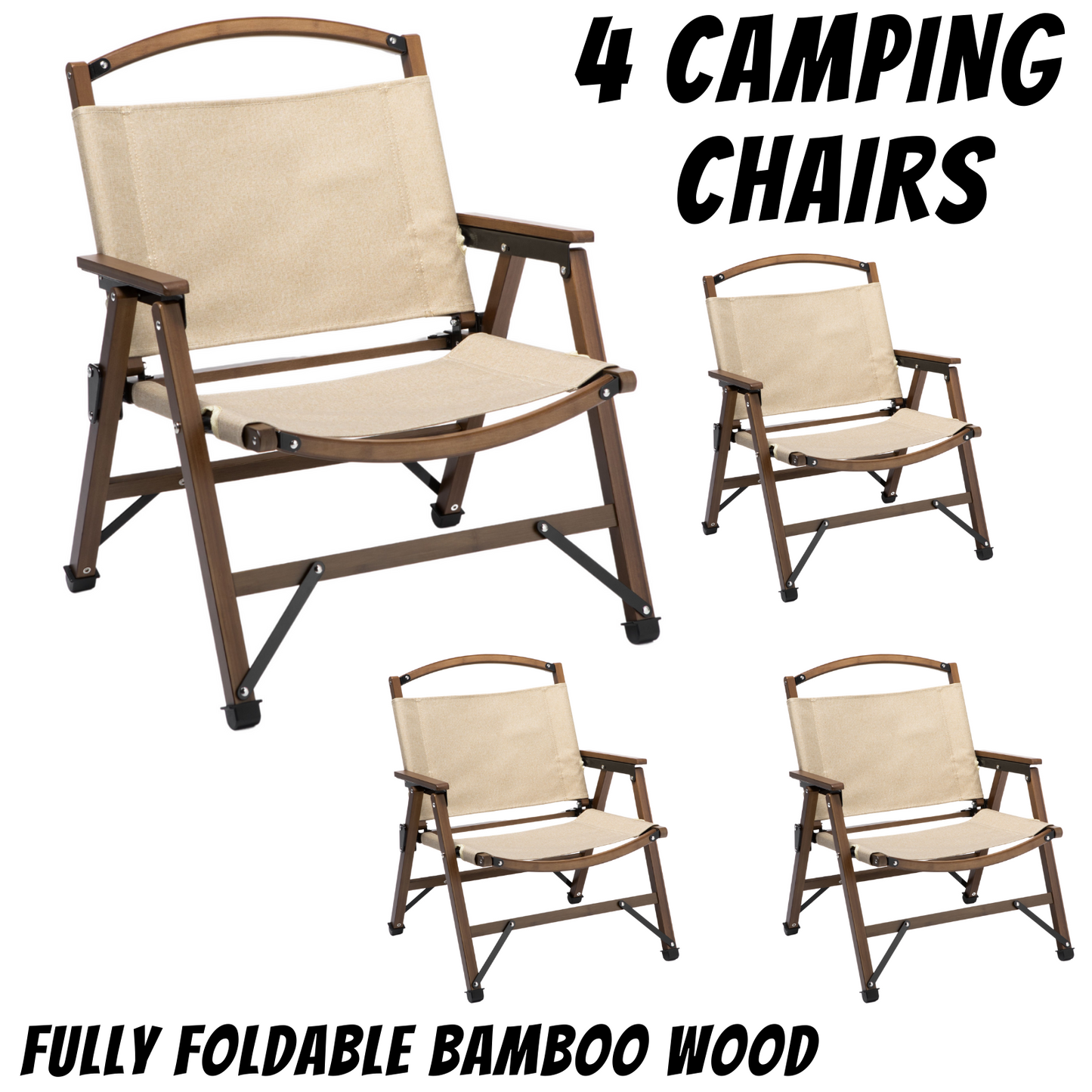 4x Bamboo Foldable Outdoor Camping Chair Wooden Travel Picnic Park Folding - Khaki/Beige-1