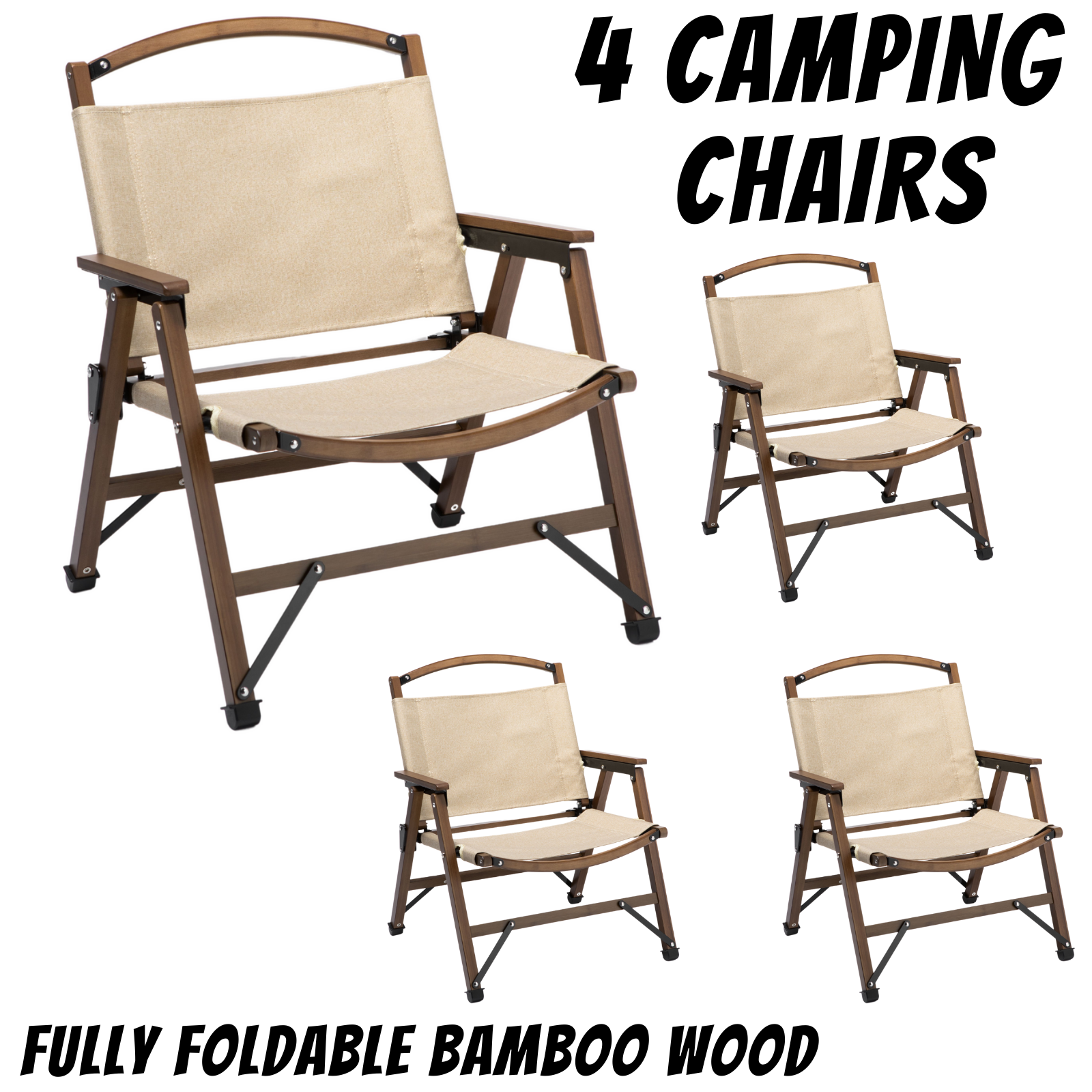4x Bamboo Foldable Outdoor Camping Chair Wooden Travel Picnic Park Folding - Khaki/Beige-1