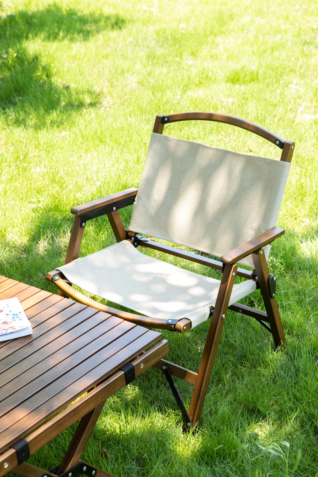 4x Bamboo Foldable Outdoor Camping Chair Wooden Travel Picnic Park Folding - Khaki/Beige-2