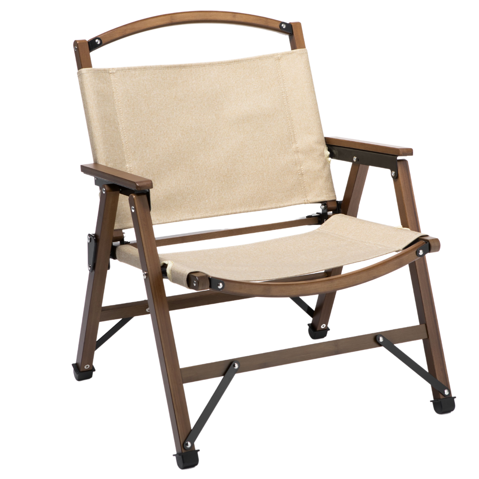 Bamboo Canvas Foldable Outdoor Camping Chair Wooden Travel Picnic Park - Khaki/Beige-1