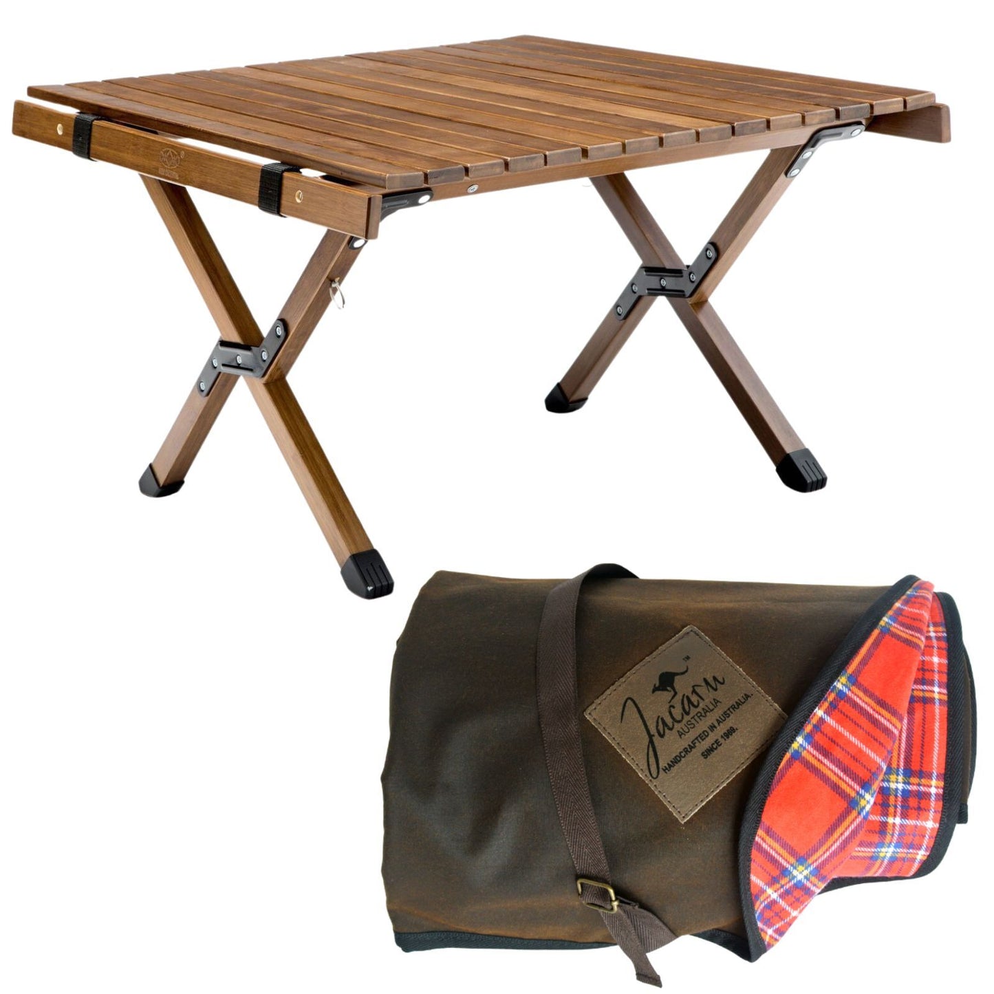 Wooden Foldable Camping Table 62cm + Jacaru Picnic Blanket 100% Cotton Regular-1