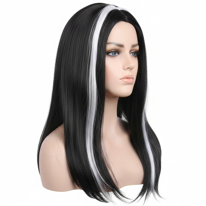 Womens VAMPIRE WIG Long Straight Wig Costume Party Hair Accessory Halloween - Black/White