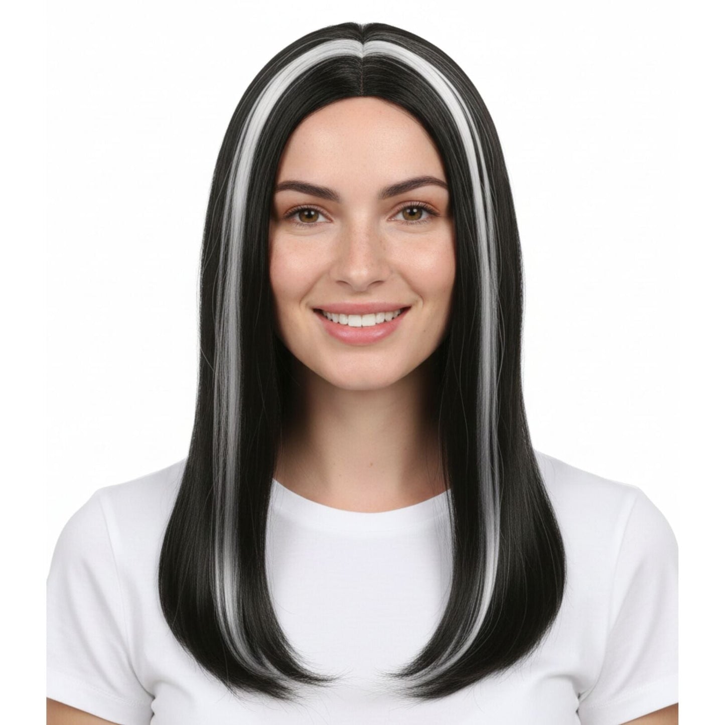 Womens VAMPIRE WIG Long Straight Wig Costume Party Hair Accessory Halloween - Black/White