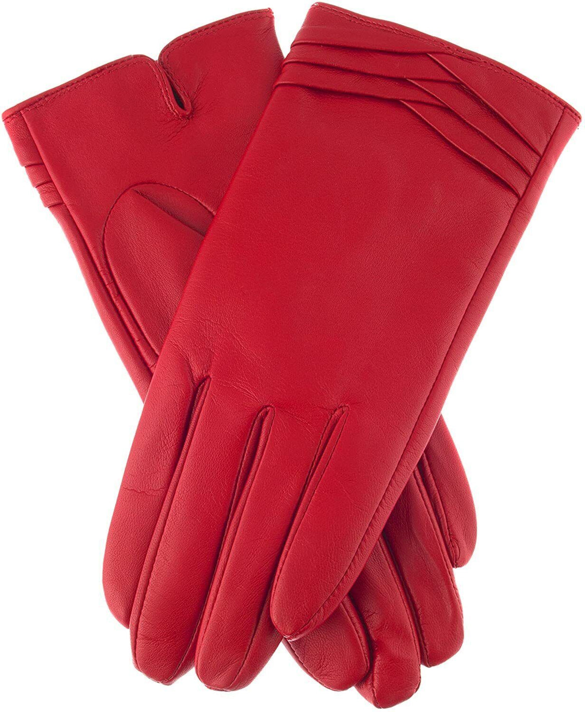 Womens Genuine Leather Gloves Fine Fleece Thermal Lining Pleat Detail - Berry