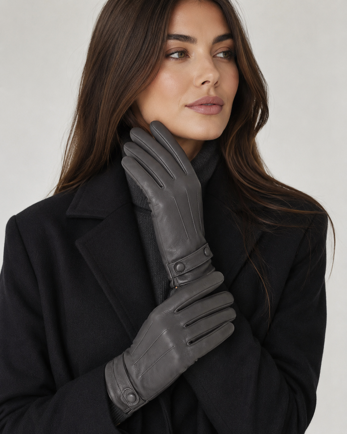 Dents Womens Leather Gloves w/ Stud Button and 3-Point Stitch Detail in Charcoal