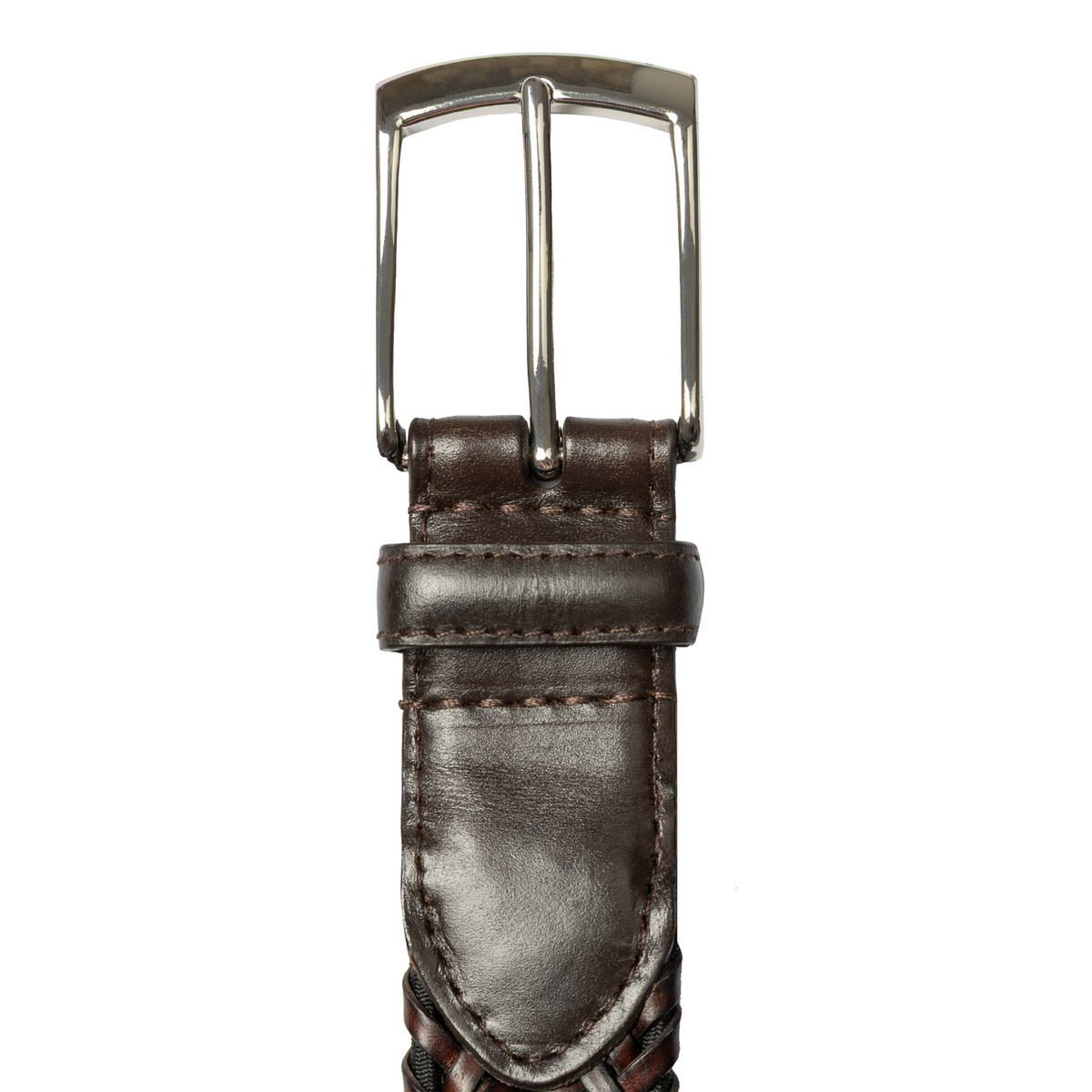 Dents Mens Woven Leather Belt with Satin Nickel Buckle in Brown