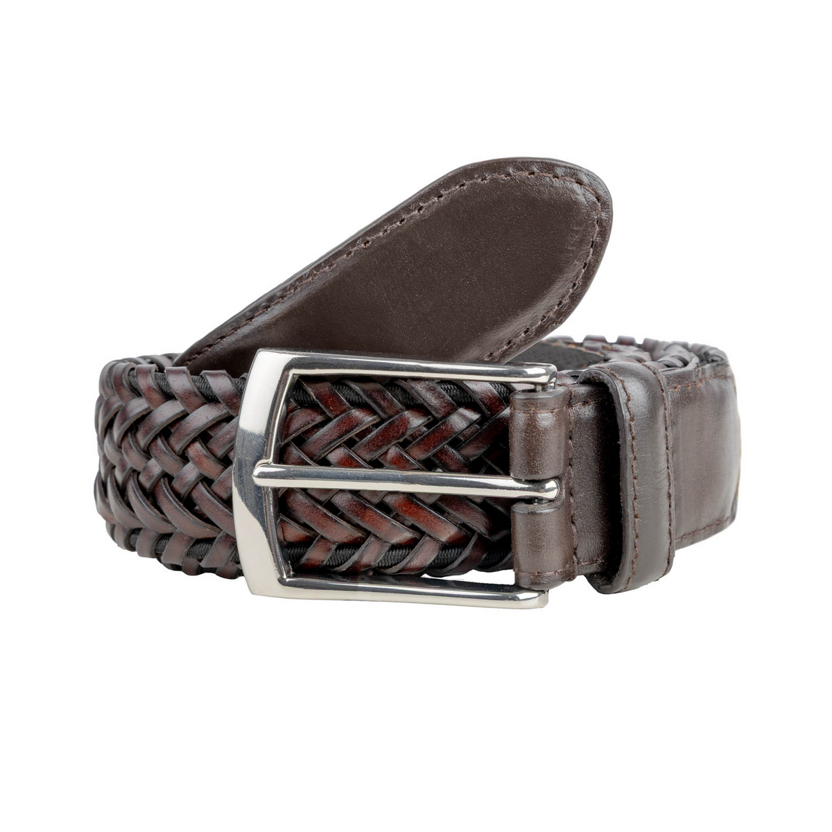 Dents Mens Woven Leather Belt with Satin Nickel Buckle in Brown