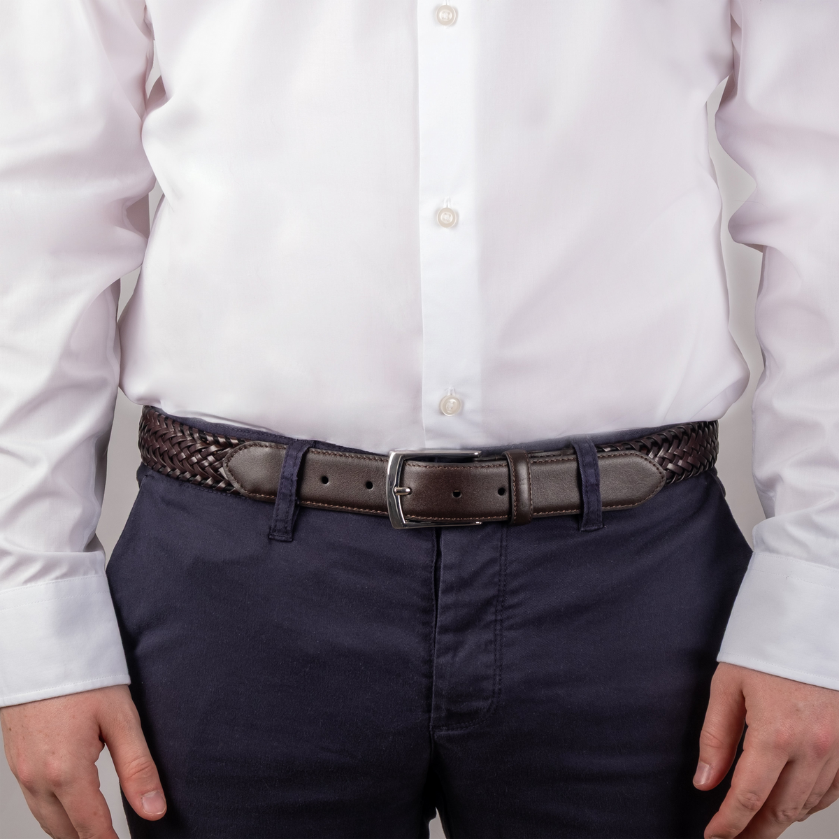 Dents Mens Woven Leather Belt with Satin Nickel Buckle in Brown