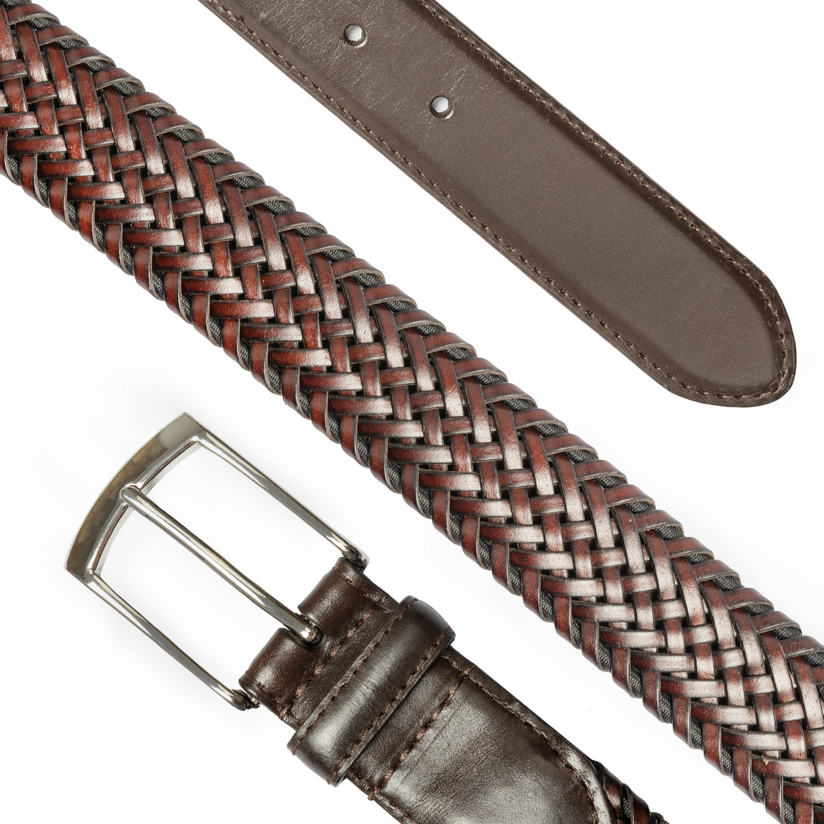 Dents Mens Woven Leather Belt with Satin Nickel Buckle in Brown