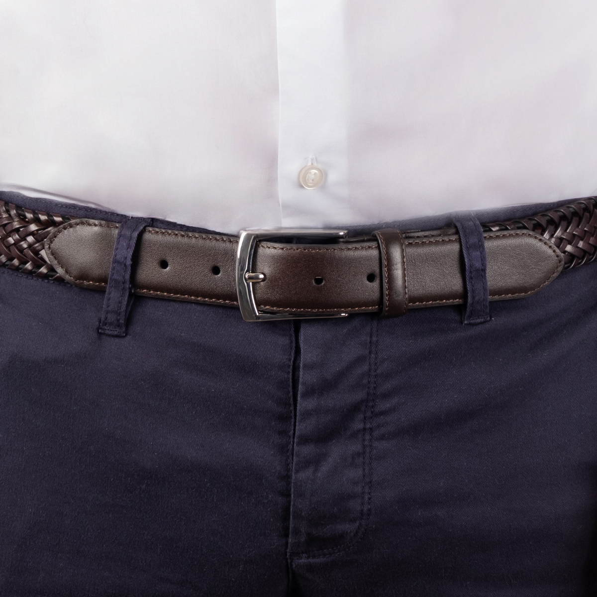 Dents Mens Woven Leather Belt with Satin Nickel Buckle in Brown