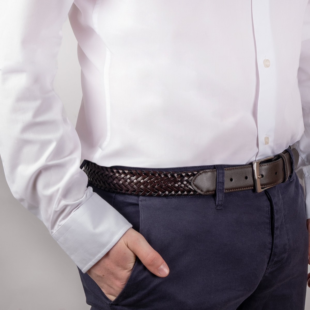 Dents Mens Woven Leather Belt with Satin Nickel Buckle in Brown