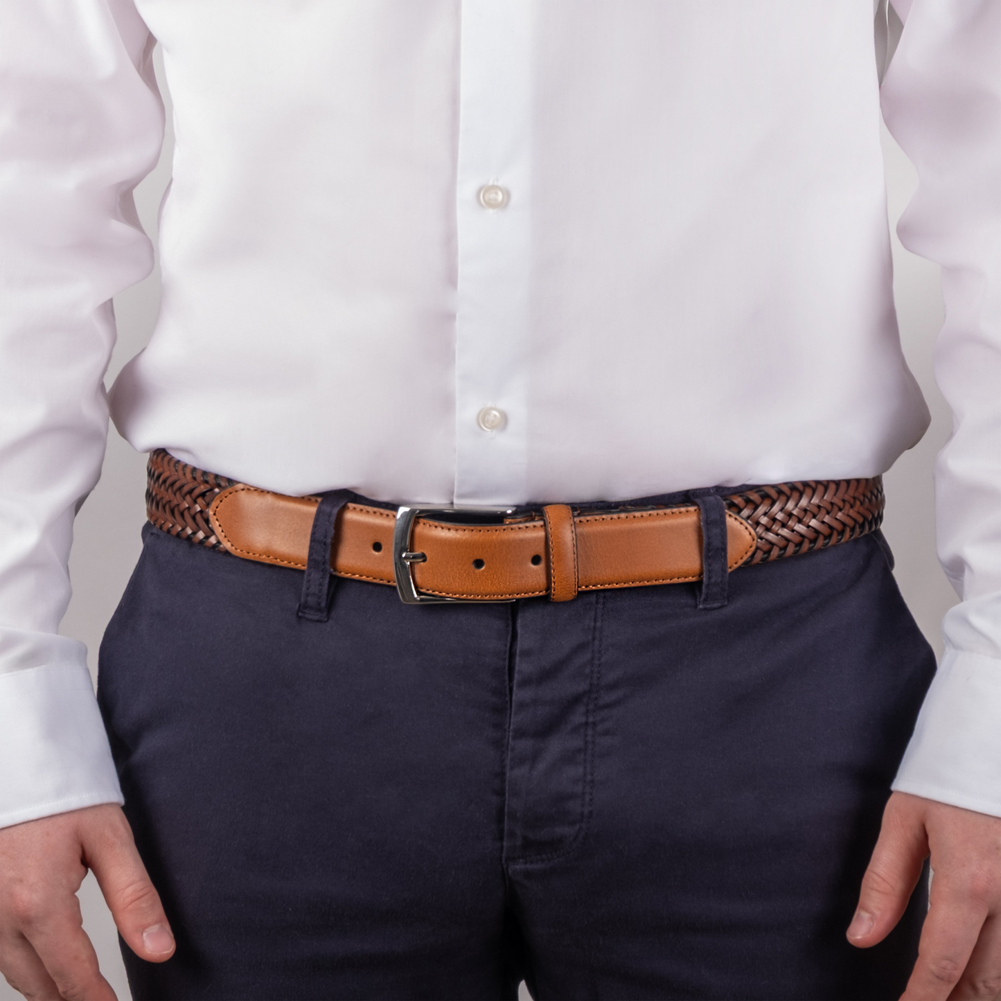Dents Mens Woven Leather Belt with Satin Nickel Buckle in Tan