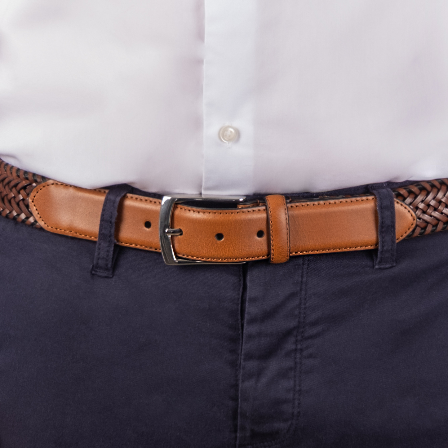 Dents Mens Woven Leather Belt with Satin Nickel Buckle in Tan