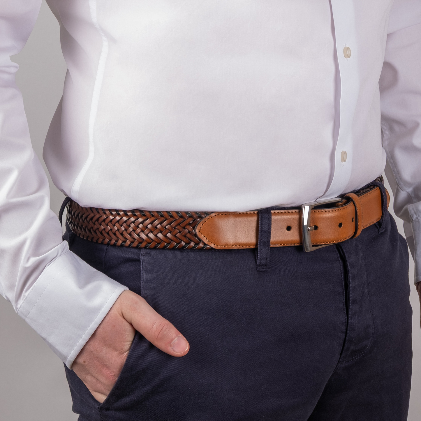 Dents Mens Woven Leather Belt with Satin Nickel Buckle in Tan