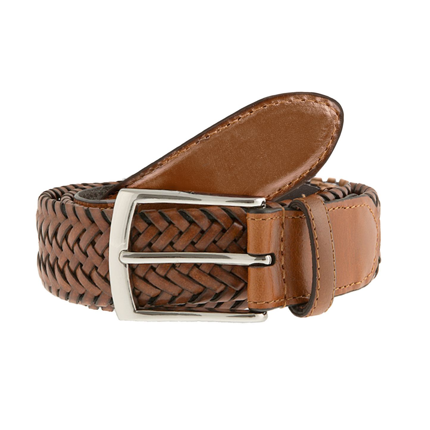 Dents Mens Woven Leather Belt with Satin Nickel Buckle in Tan