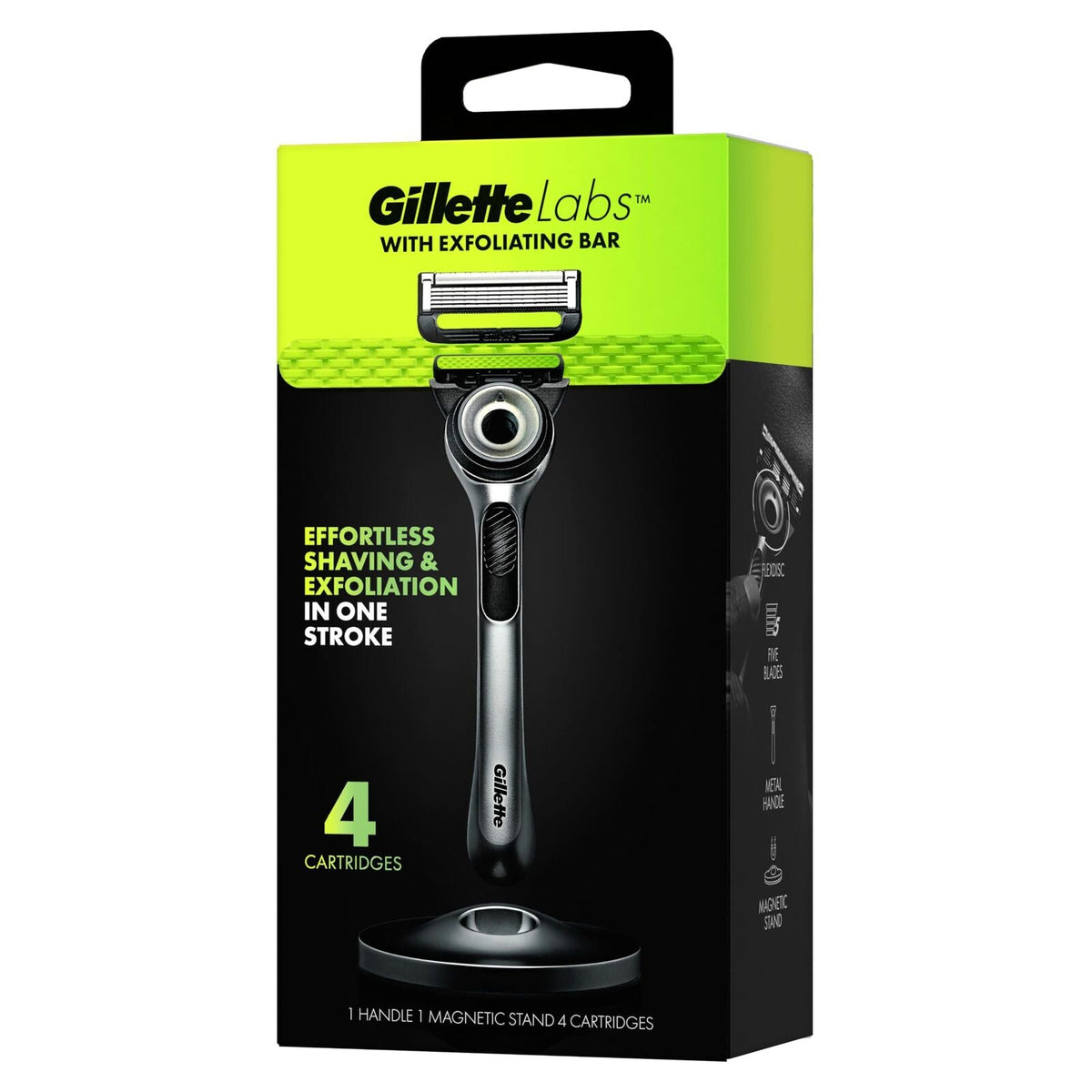Gillette Labs Mens Razor 5 Blade Exfoliating Bar Handle with 4 Cartridges & Stand