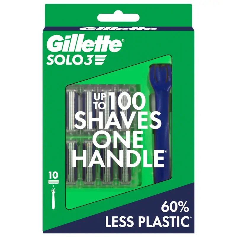 Gillette Mens Pack of 11 Solo 3 (10 Blades  & 1 Cartridge) Razor Blades & Shaver