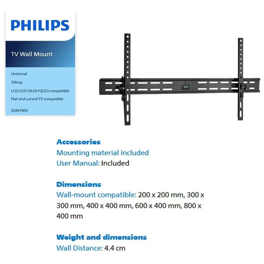 Philips 40"-100" Universal Tilt TV Wall Mount VESA for Flat & Curved Screens/Televisions