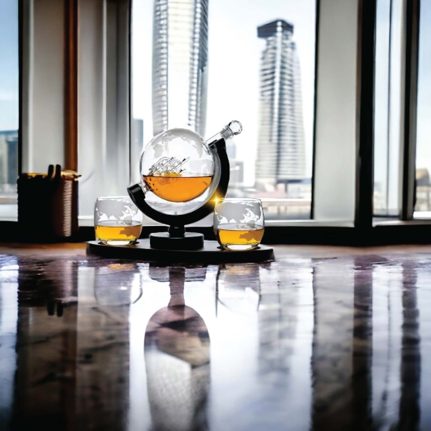 850ml Whiskey or Wine Globe Glass Decanter Set - 2x Glasses + Wooden Stand-1