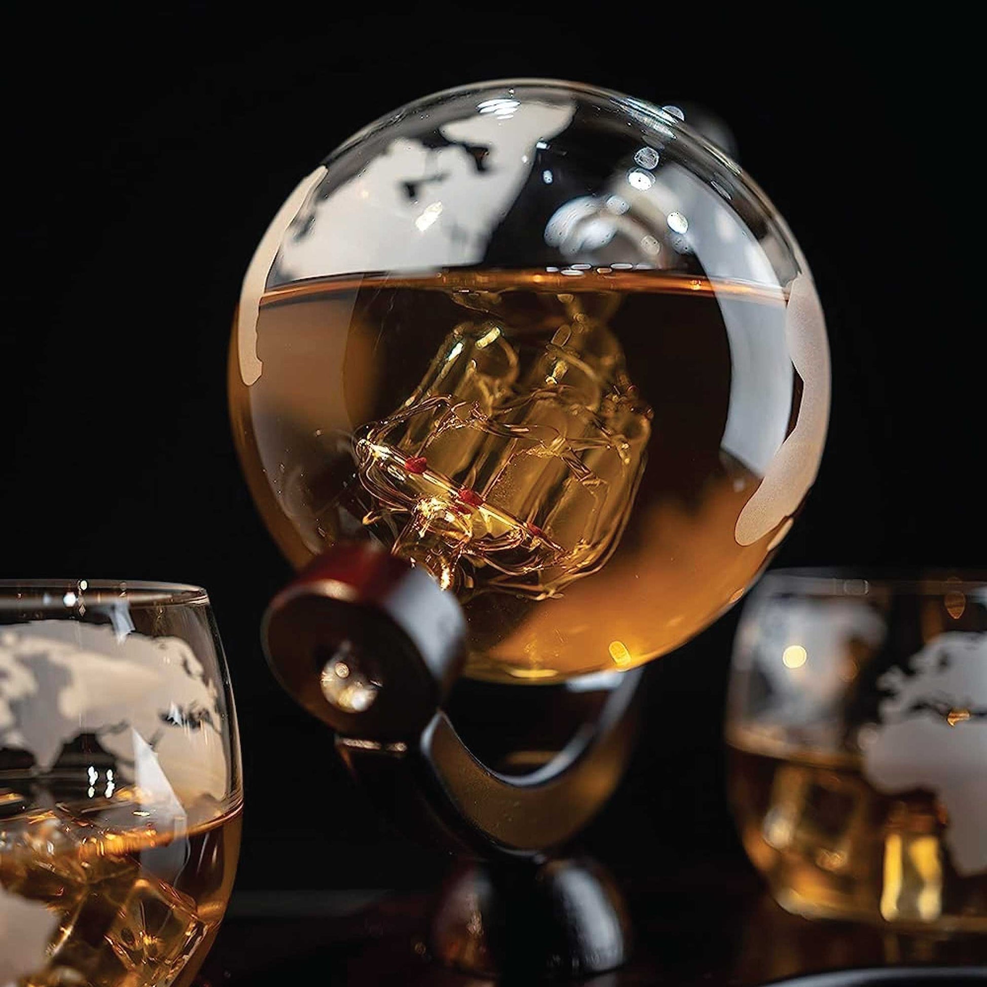 850ml Whiskey or Wine Globe Glass Decanter Set - 2x Glasses + Wooden Stand-2