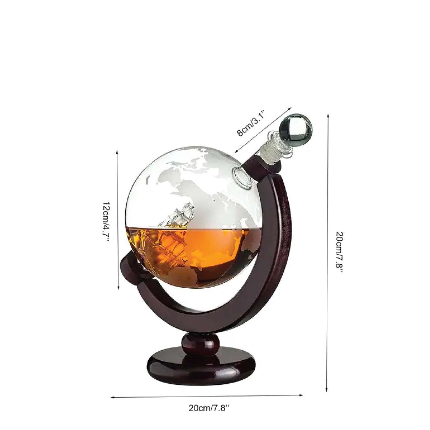 850ml Whiskey or Wine Globe Glass Decanter Set - 2x Glasses + Wooden Stand-3
