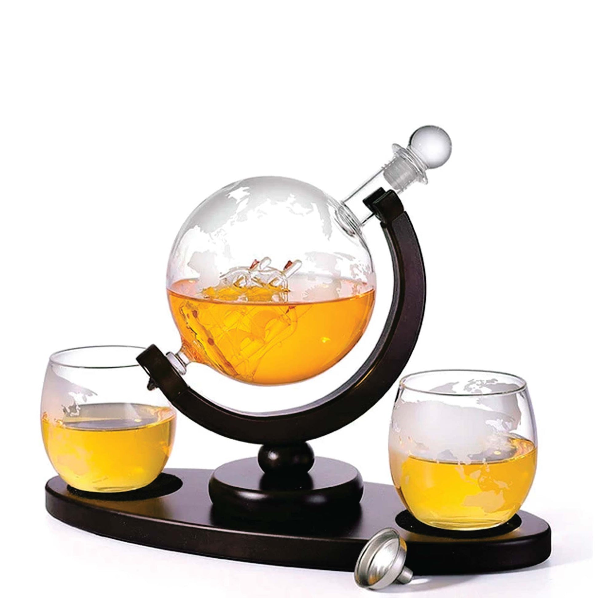850ml Whiskey or Wine Globe Glass Decanter Set - 2x Glasses + Wooden Stand-0