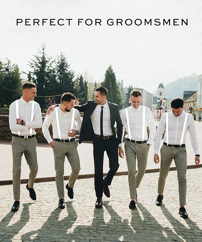 6x Mens Suspenders Braces Adjustable Strong Clip On Elastic Formal Wedding BULK - White-1