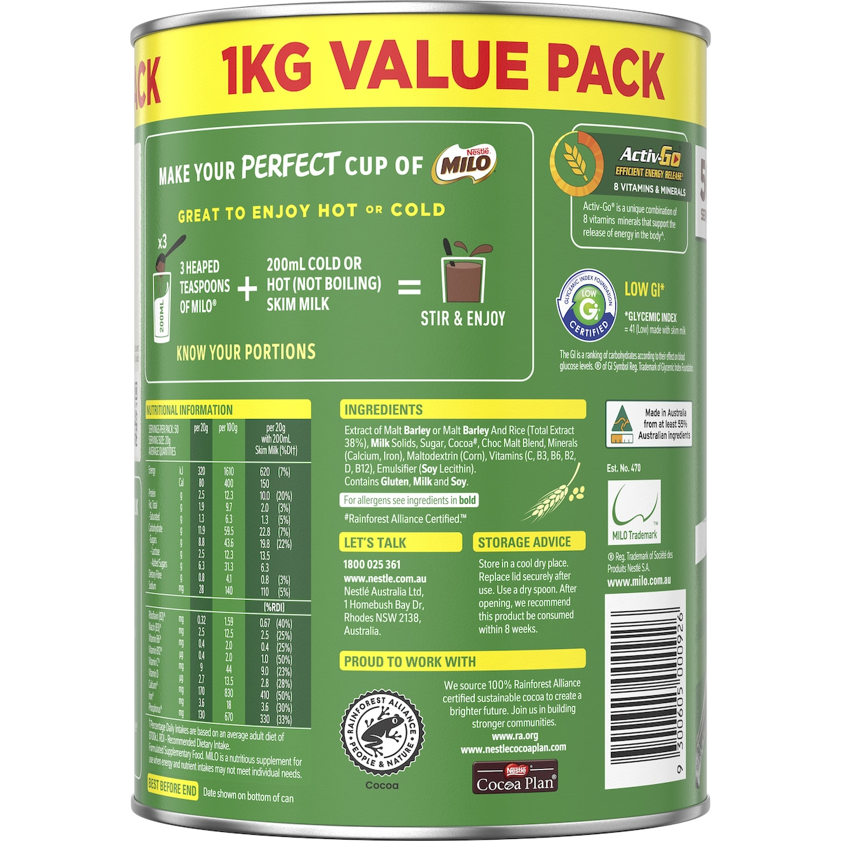 1kg Nestle Milo Malt Chocolate Drinking Powder Hot or Cold - Product of Australia (Fresh Batch)