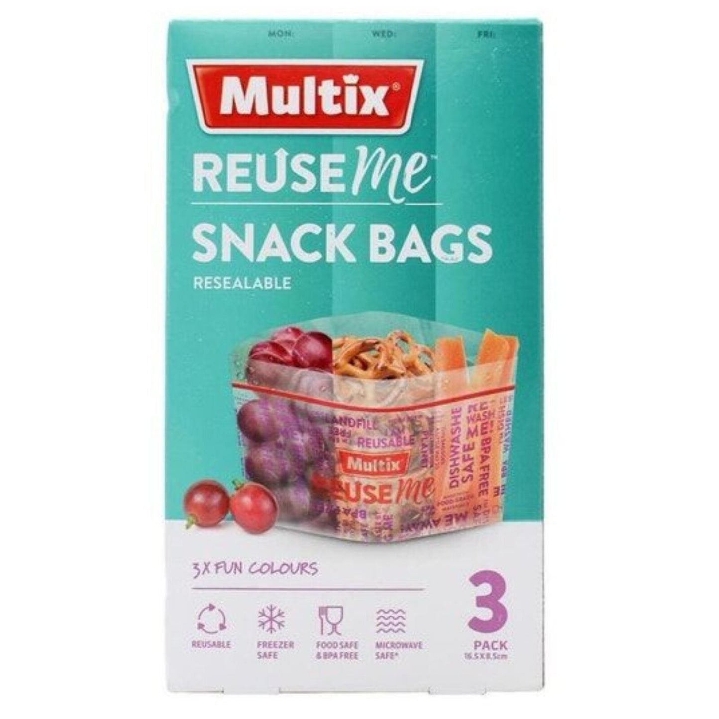 Multix Reuse Me Snack Bags 3 Pk Resealable BPA Free Microwave Safe - 16.5x8.5cm