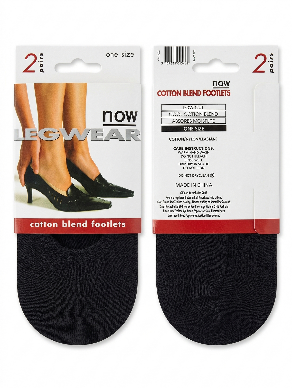 "Now" 2-Pairs Cotton Blend Footlet Low Cut Socks in Black (One Size)