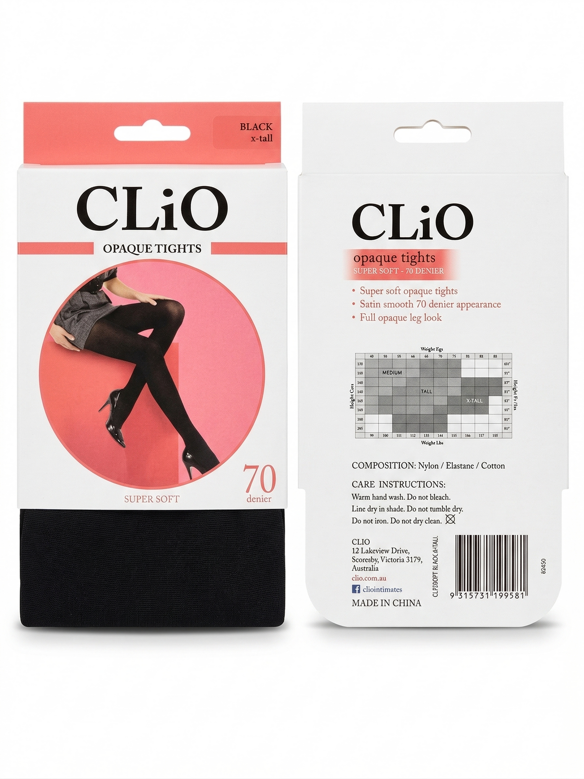 CliO Opaque Tights Super Soft (70 Denier) in Black Size Extra-Tall