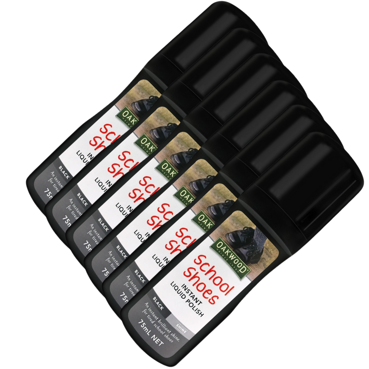 6x Oakwood 75ml School Shoes Instant Liquid Polish Bulk - Black Shine