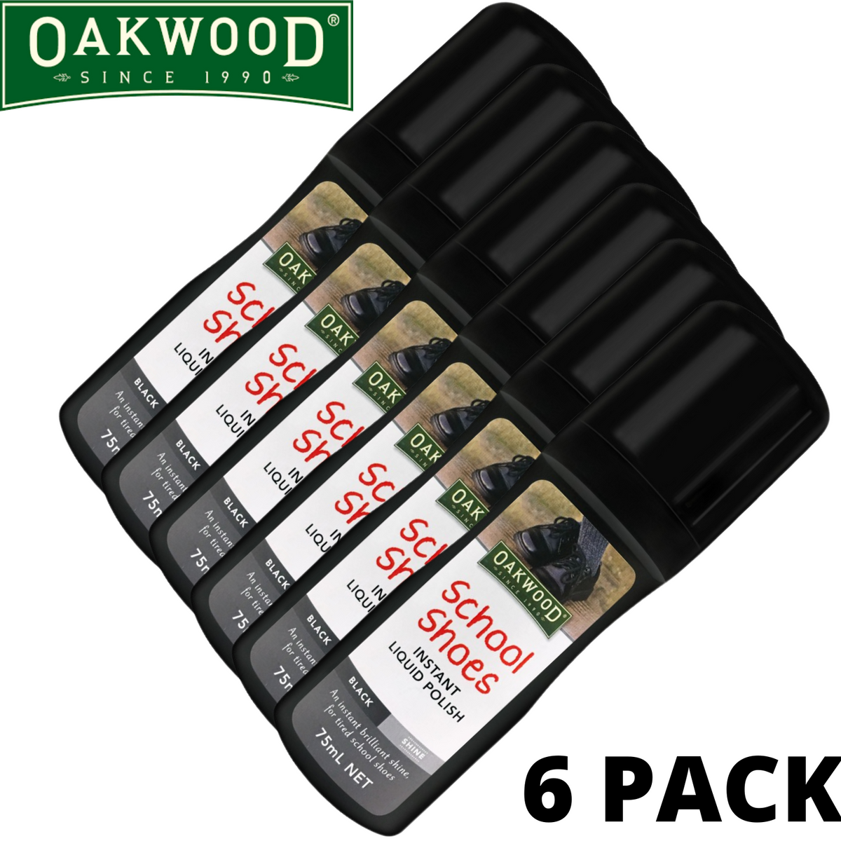 6x Oakwood 75ml School Shoes Instant Liquid Polish Bulk - Black Shine