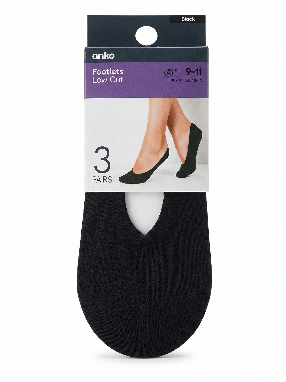 anko 3-Pairs Low Cut Footlets Socks in Black (Womens Size AU/US 9-11)