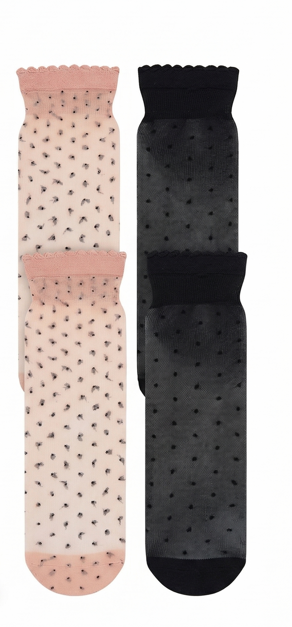 anko 2-Pairs "Sheer Spot" Anklets Socks in Black/Natural/Pink (One Size)
