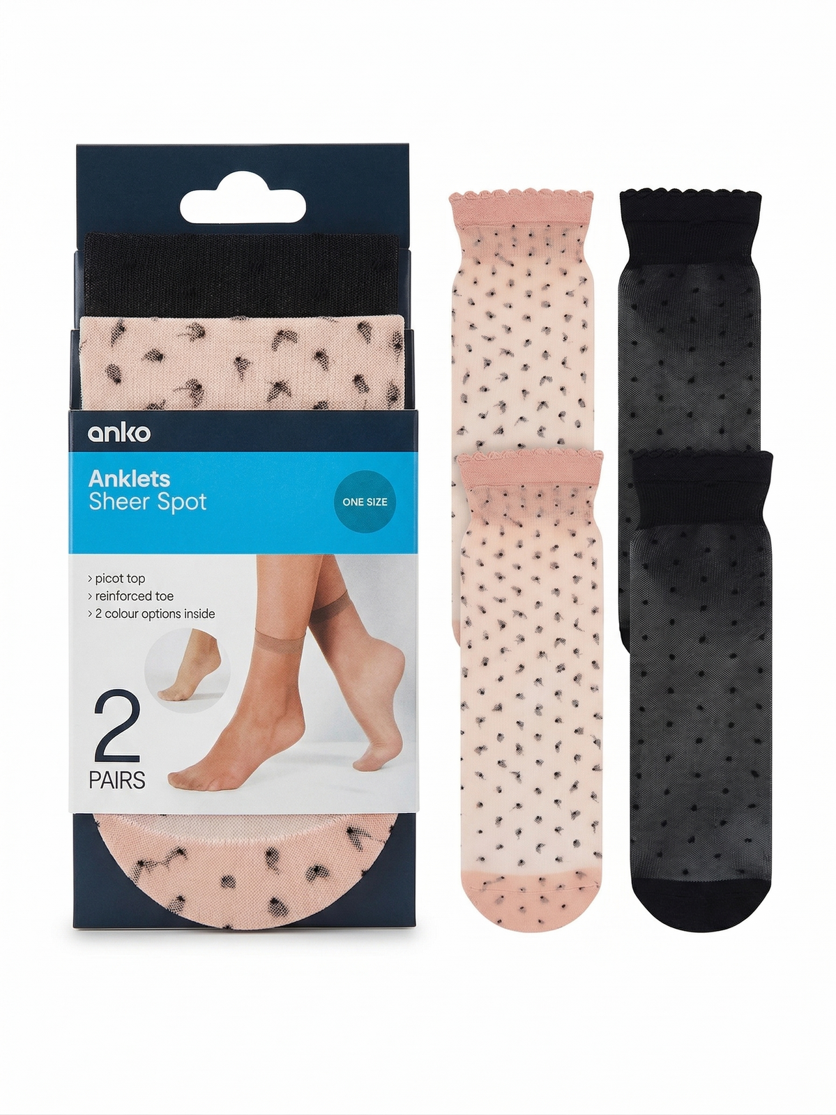 anko 2-Pairs "Sheer Spot" Anklets Socks in Black/Natural/Pink (One Size)