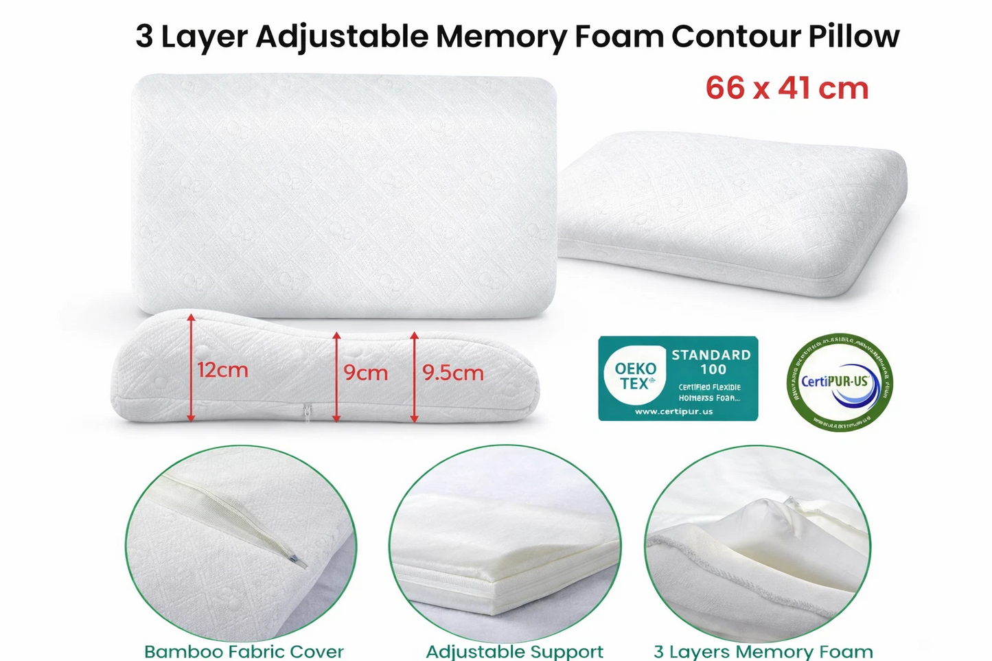 Bamboo Height Adjustable Pillow 3-Layer Memory Foam (Machine Washable) 41x66cm
