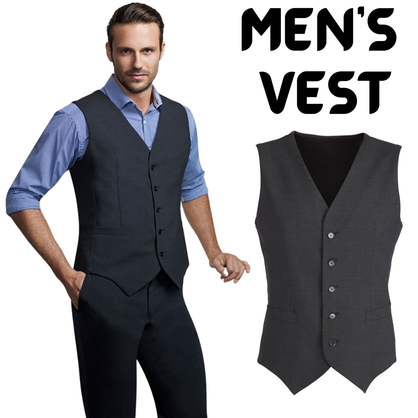 Mens Wool Blend Vest w/ Knitted Back Waistcoat Sleeveless Wool Blend - Charcoal-1