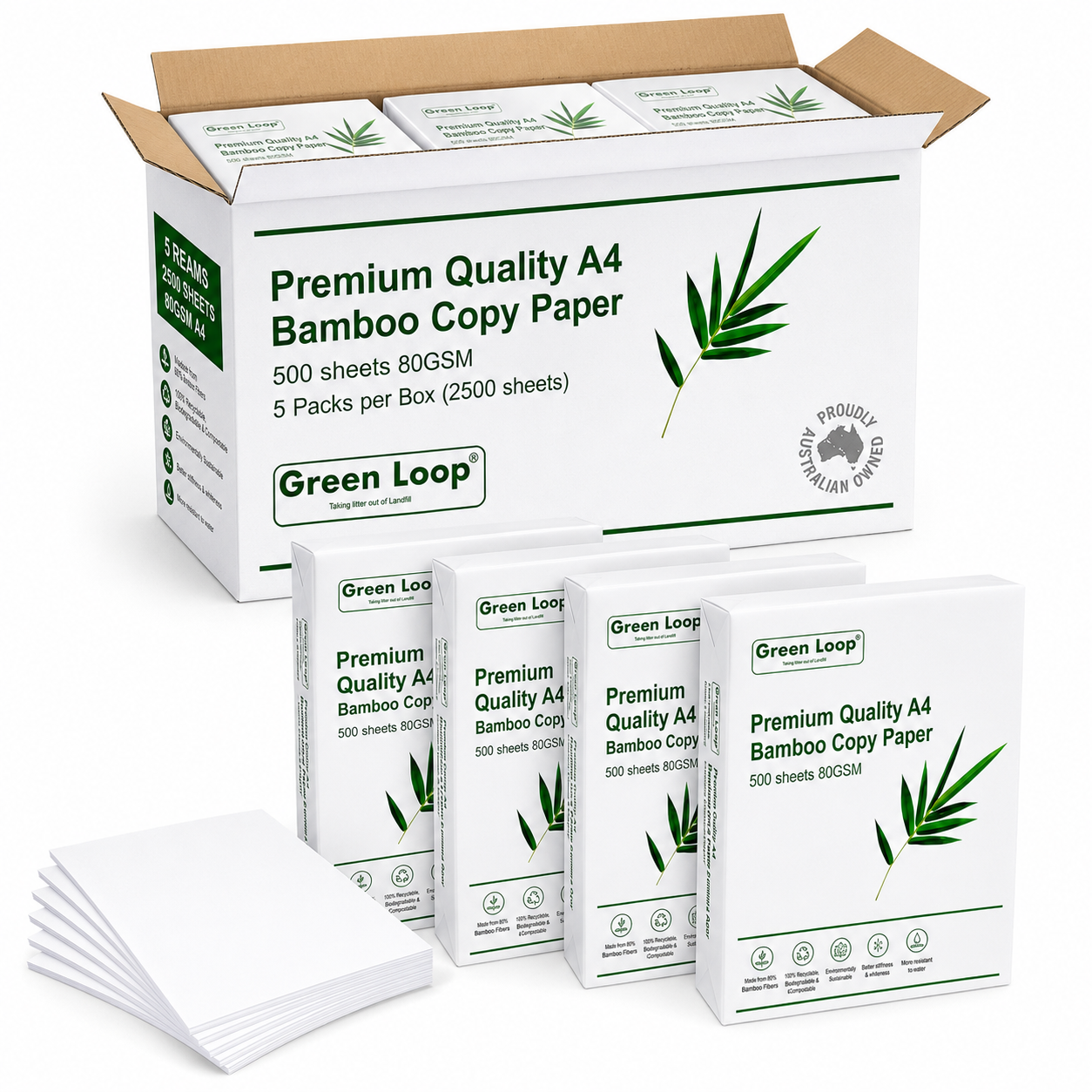 2500x Sheets Premium Bamboo A4 Copy Printing Paper 80GSM - 1 Carton