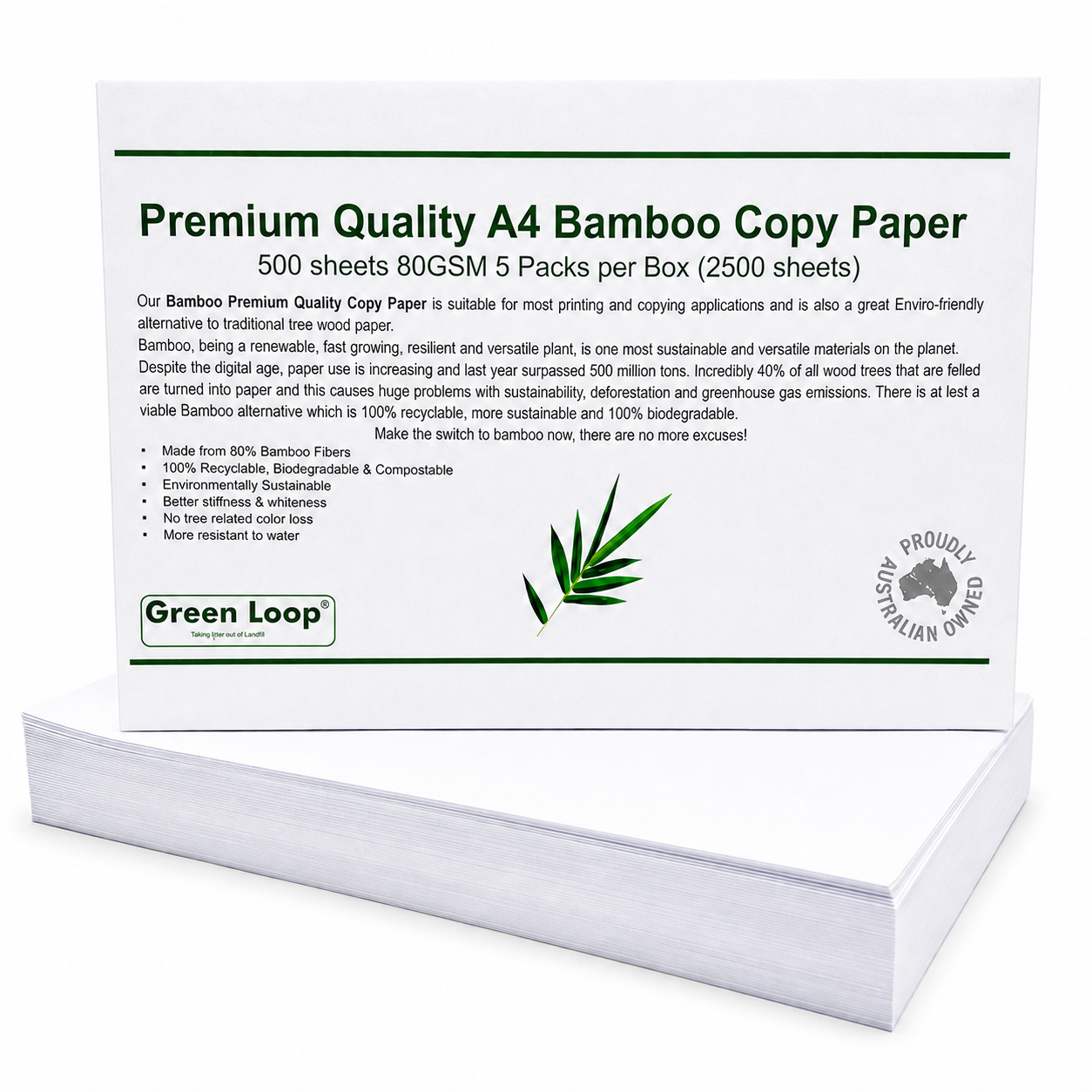 2500x Sheets Premium Bamboo A4 Copy Printing Paper 80GSM - 1 Carton