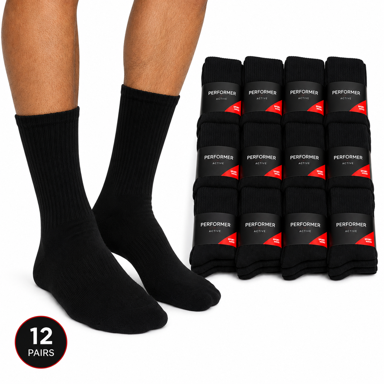 12x Mens Cotton Crew Socks for Everyday/Sports Bulk Pack in Black
