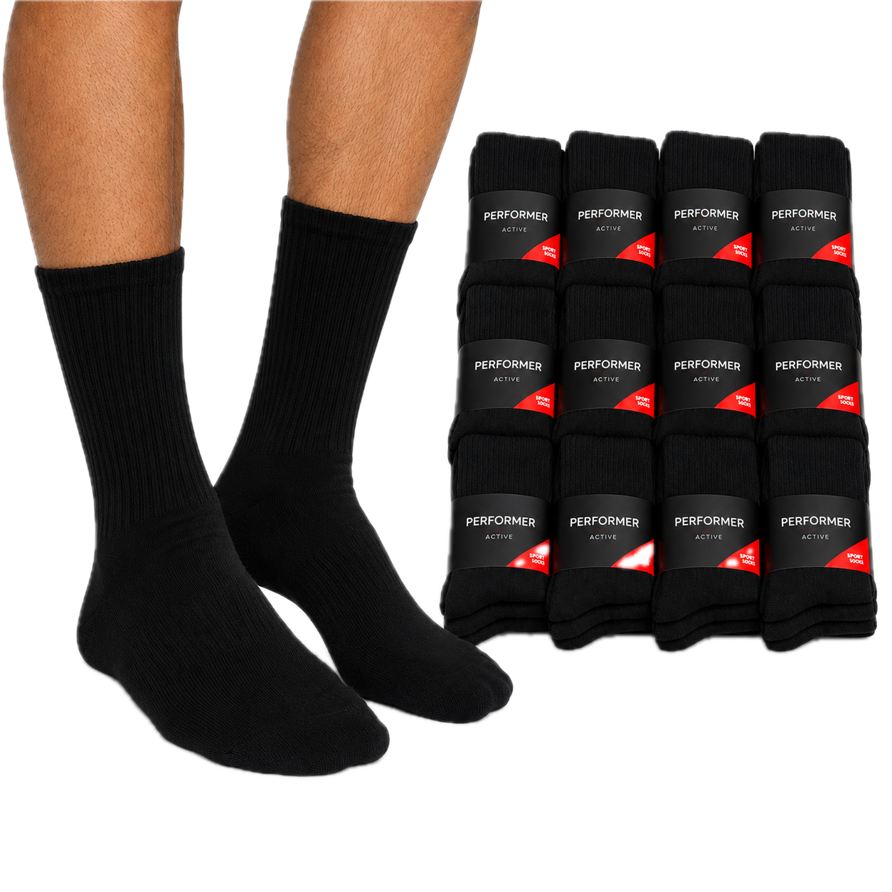 12x Mens Cotton Crew Socks for Everyday/Sports Bulk Pack in Black